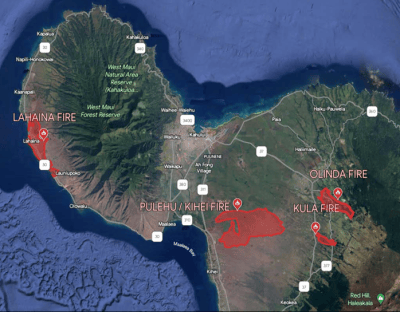 The Aug. 8 wildfires on Maui burned 1,283 acres Upcountry (202 acres in Kula and 1,081 in Olinda), 3,240 acres in south Maui and 2,170 acres in Lahaina. (Courtesy: Maui Police Department/2024)
